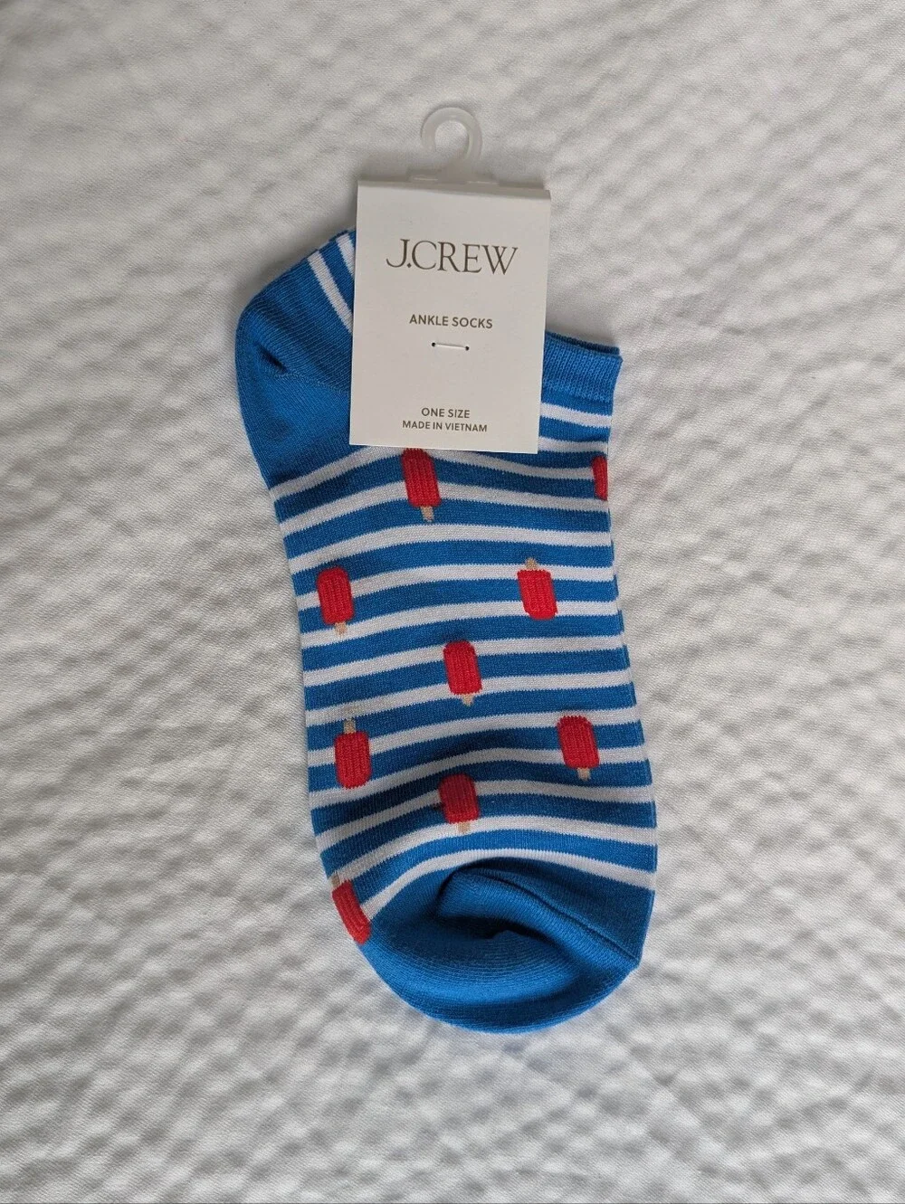 NWT J. Crew Women's Blue & White Striped Ankle Socks With Red Popsicles One Size